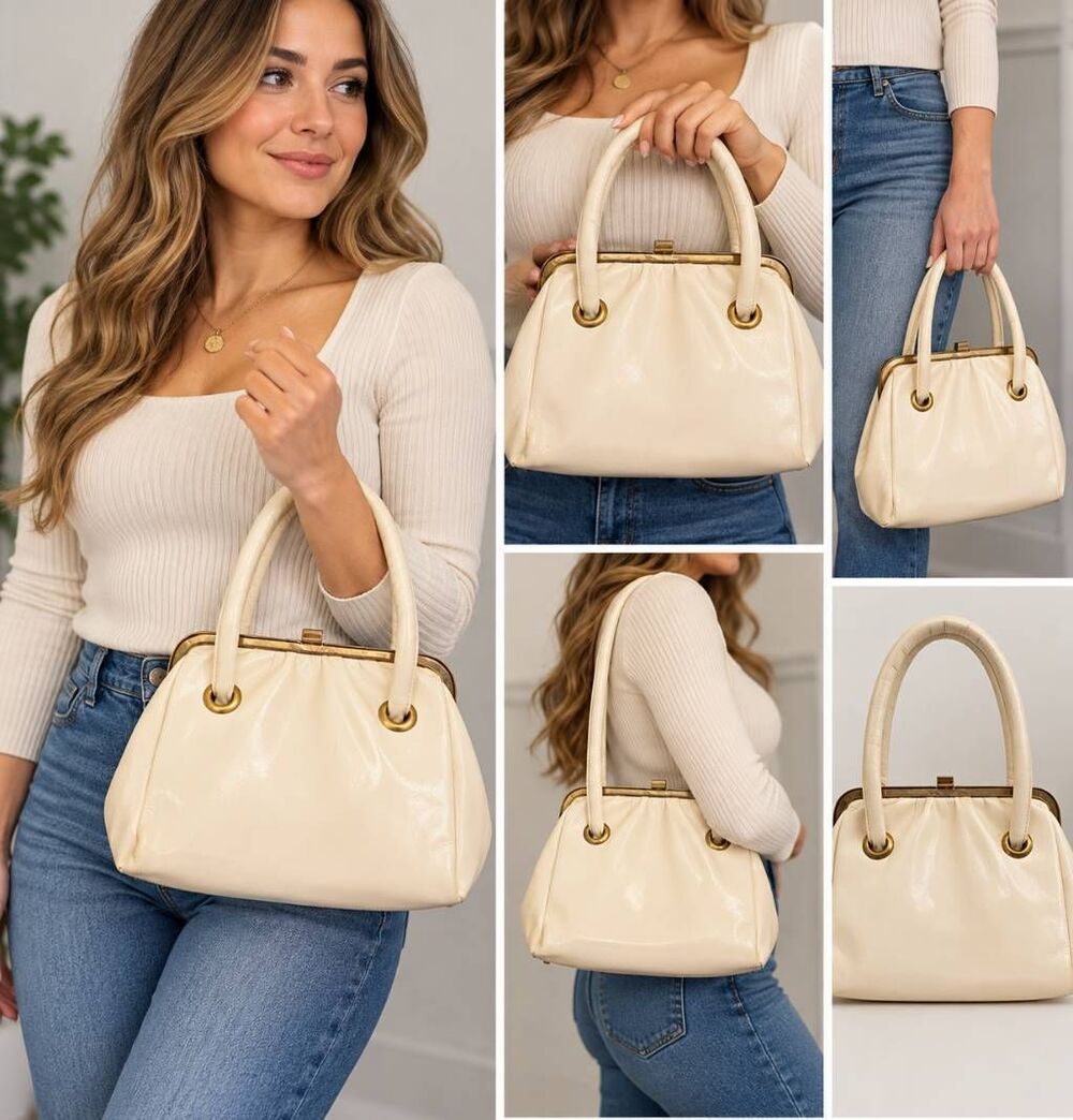 Vintage White Ivory Patent Leather Look Frame Handbag Gold Tone Retro 50s 60s